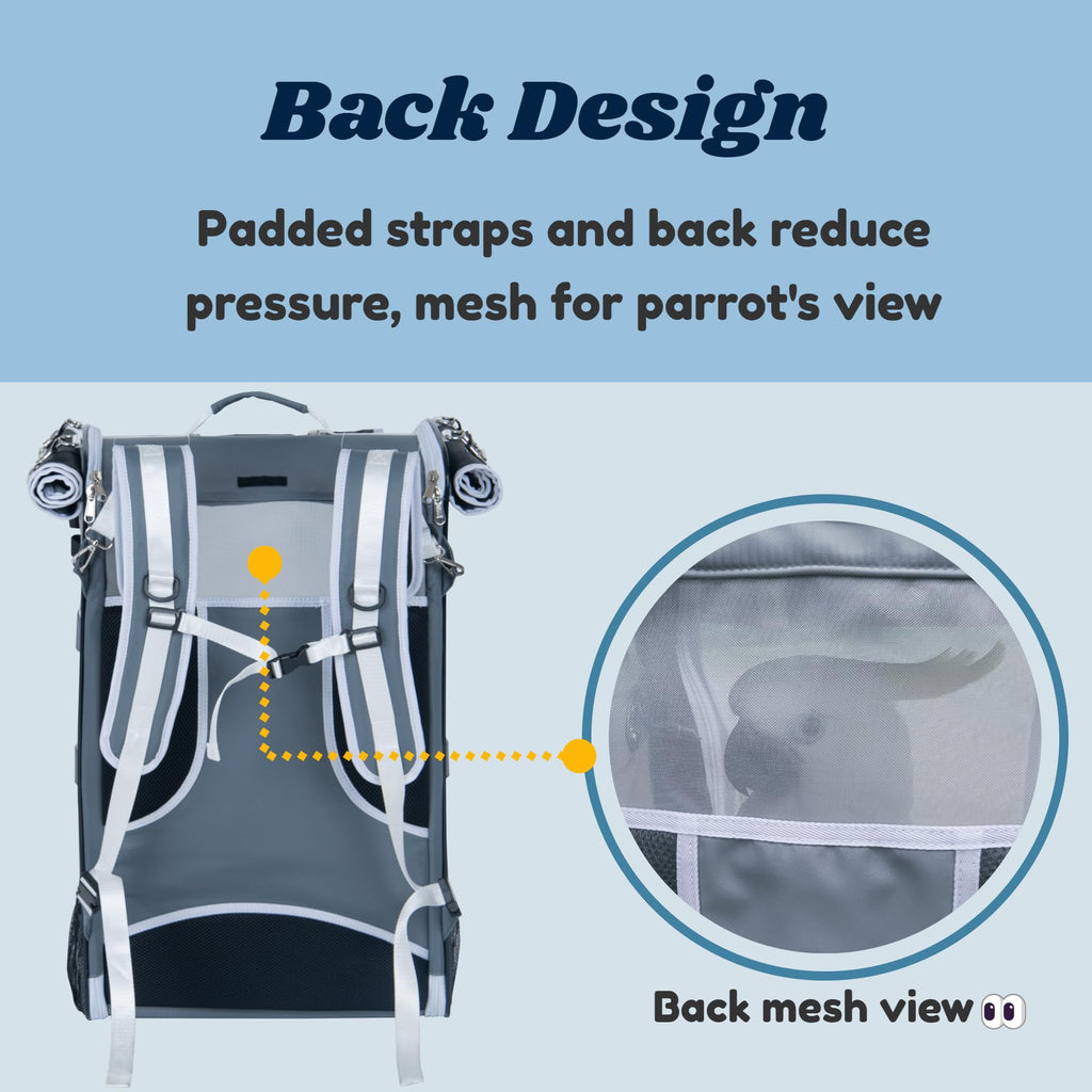 Birds Day Cockatoo Carrier Backpack-Parrot Travel Cage with Wooden Perch and Food Bowl, Stainless Steel Tray (Charcoal Gray, Cockatoo & Similar)