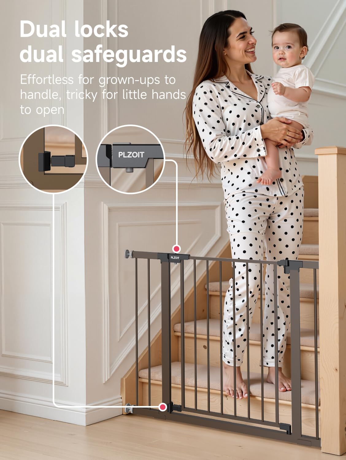 29.5-40.5" Baby Gate for Stairs, Dog Gate for Doorways, Walk Thru Auto Close Metal Baby Safety Gate for The House, Stairs and Doorways, Child Gate Pressure Mounted, Pet Gate for Dog Indoor - Brown