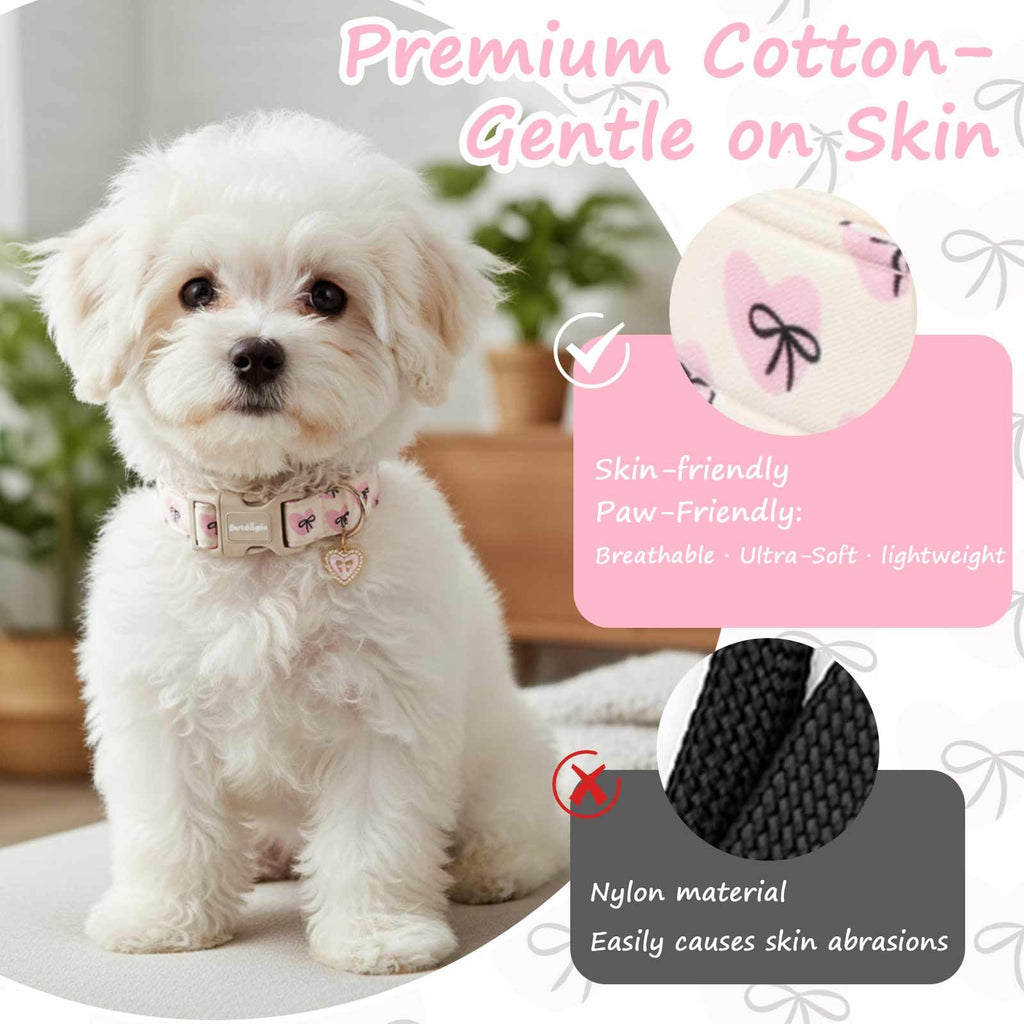Astdogio Bow Dog Collar with Pink Heart, Adjustable Cotton Dog Collar for Small Medium Large Dogs, Cute Puppy Collar for Girl Boy Dogs, Ideal for Gifts,Pet Accessory,L