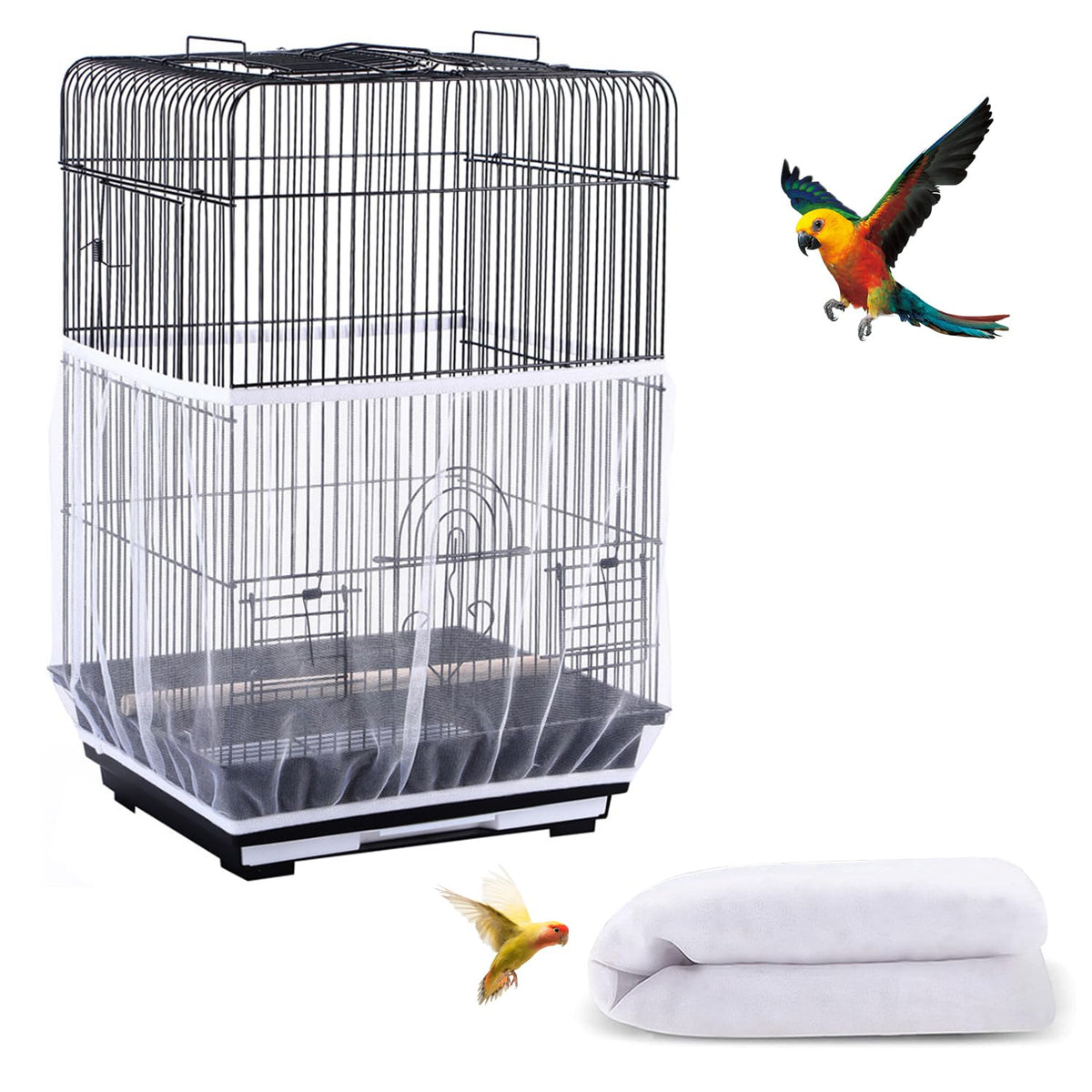 DECKALY Bird Cage Seed Catcher, Seed Catcher Guard Net Cover, Parrot Nylon Mesh Net Cover, Universal Soft Airy Cage Net Stretchy Skirt for Round Square Cages (Daisy-White, 15.7" x87")