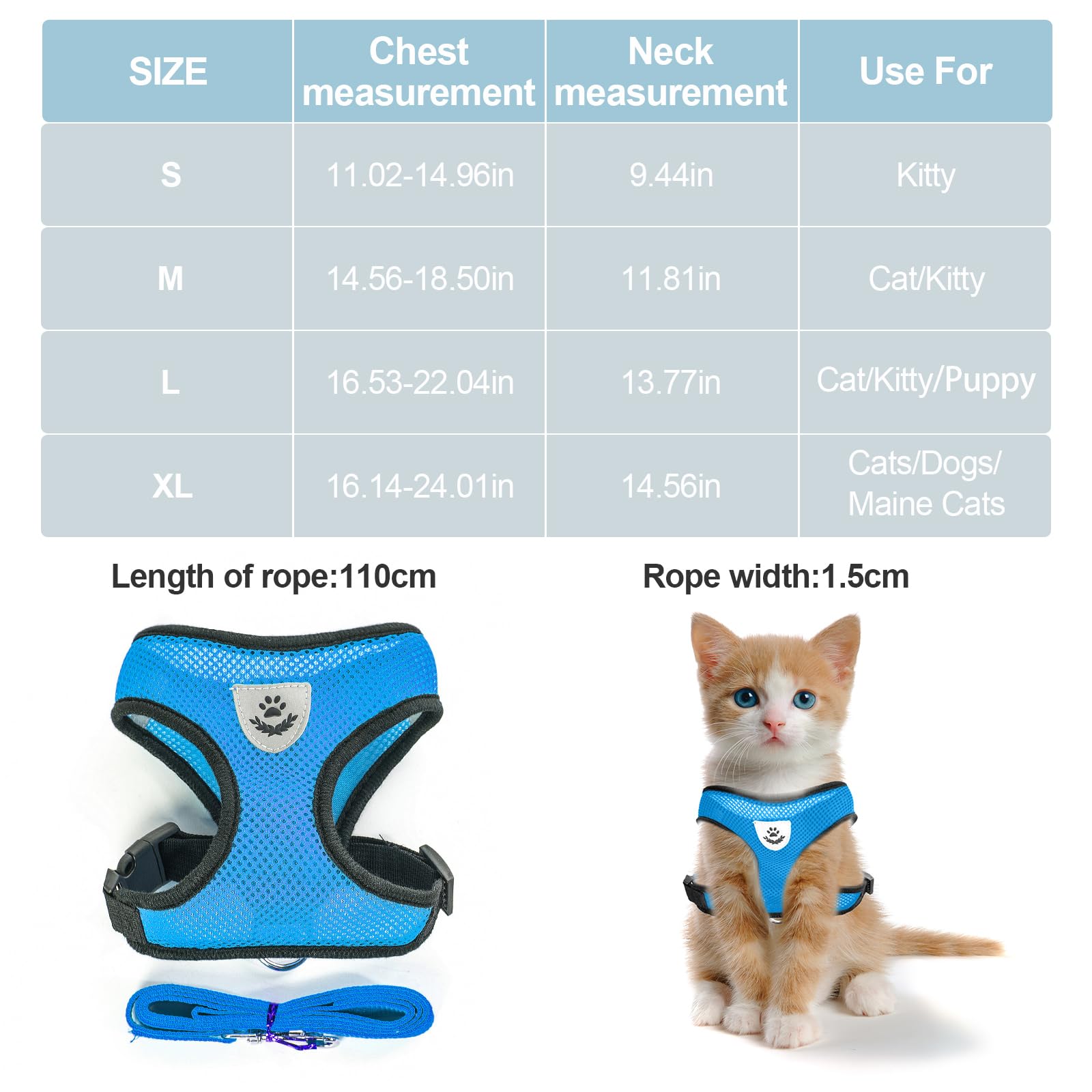 shudyear Summer cat Chest Harness and Leash, Anti-Escape Adjustable Soft mesh cat Leash and Chest Harness Set for All Types of Cats cat Vests(Size XL, Sky Blue)