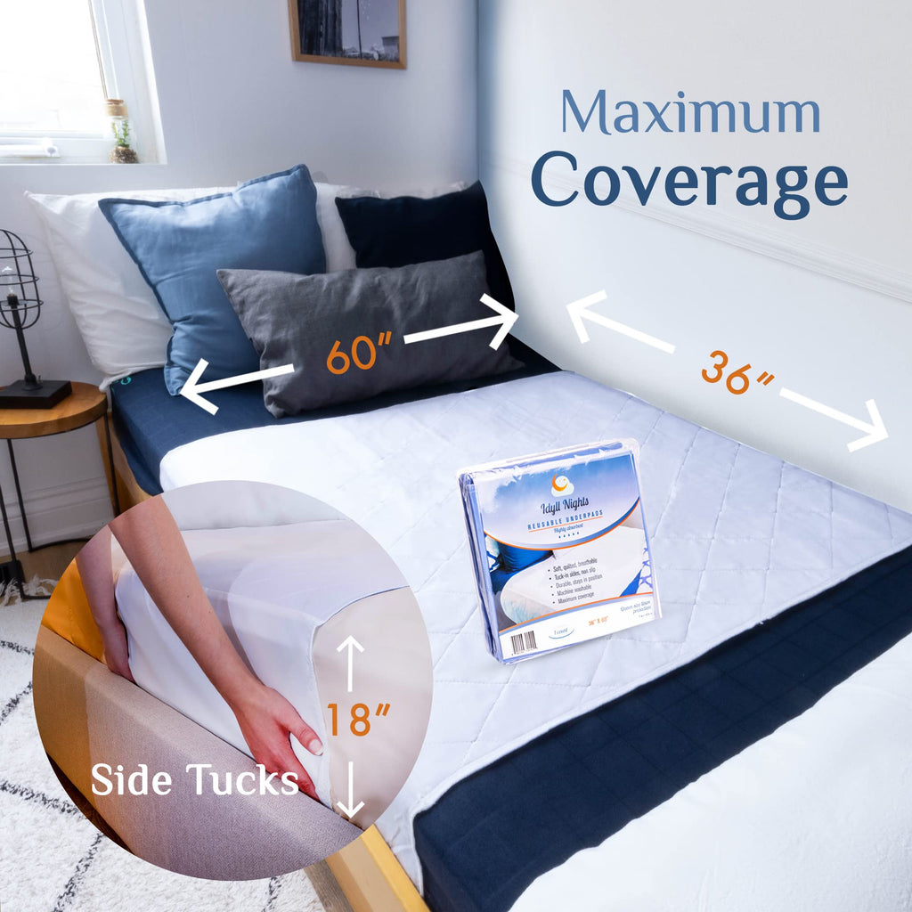 Washable Incontinence Bed Pad 36x60 – Soft, Absorbent & Waterproof Mattress Protector with Tuck-in Sides – Reusable Full/Queen Size Underpads for Kids, Adults, Seniors & Pets