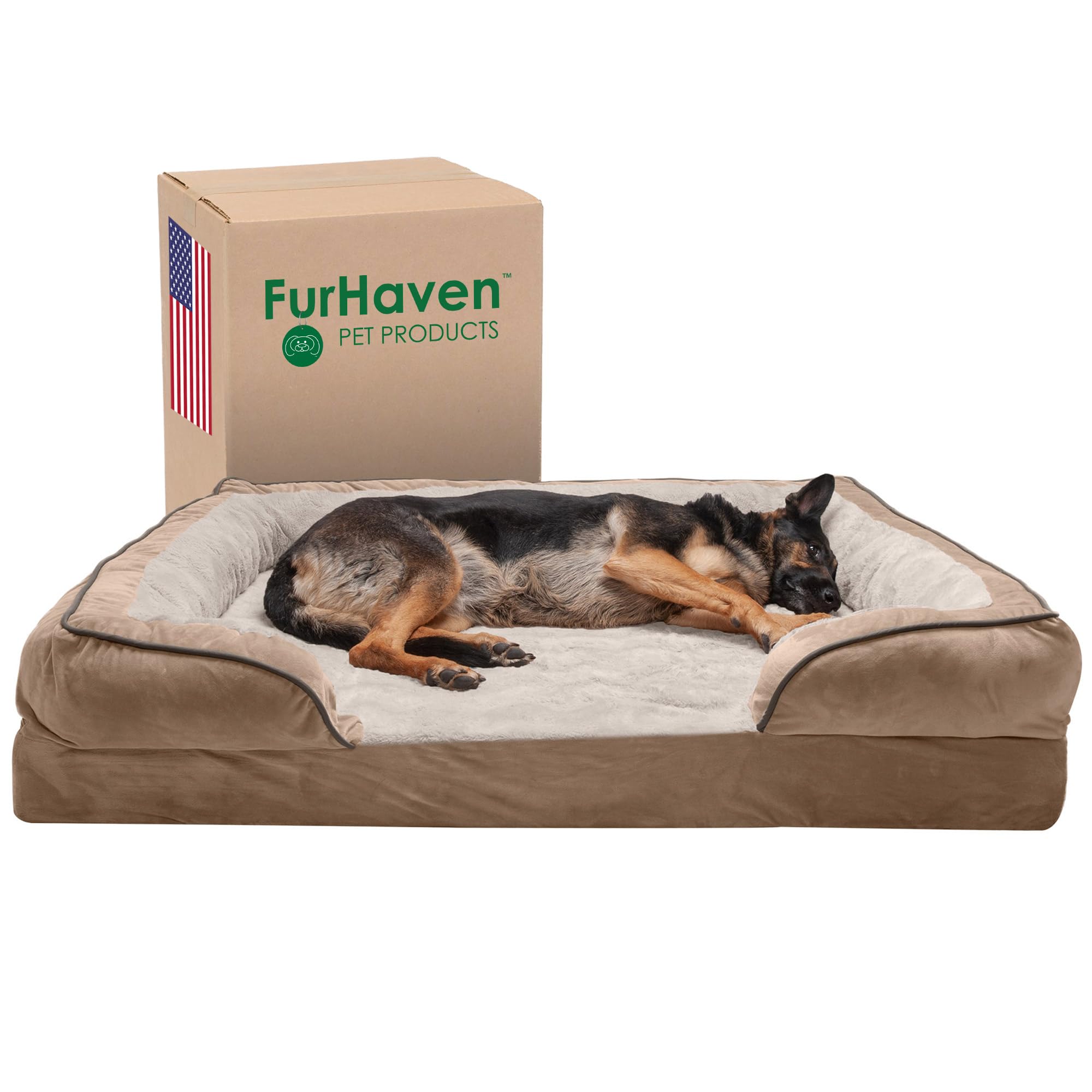 Furhaven Memory Foam Dog Bed for Large Dogs w/ Removable Bolsters & Washable Cover, For Dogs Up to 125 lbs - Plush & Velvet Waves Perfect Comfort Sofa - Brownstone, Jumbo Plus/XXL