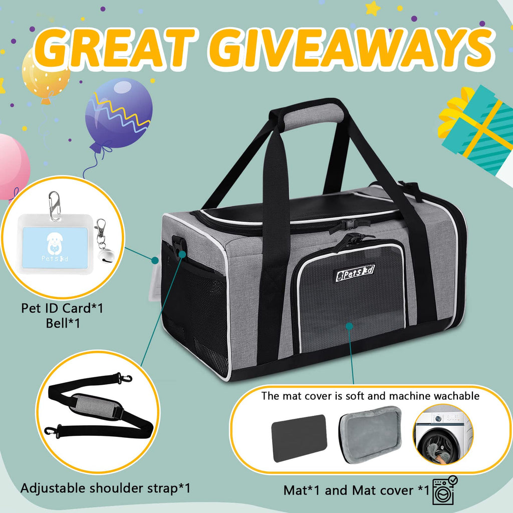Petskd Small Pet Carrier 17" L x 11" W x 9.5" H Airline Approved, Grey