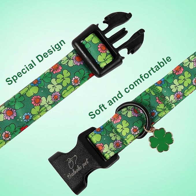 Babole Pet St Patricks Day Dog Collar for Small Dogs - Lucky Flower Shamrock Green Dog Collars, Cute Irish Clover Puppy Collar with Quick Release Buckle for Girls&Boys Dogs S