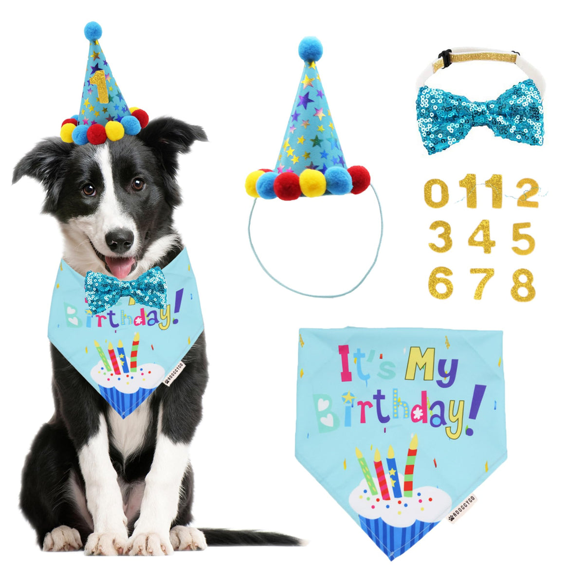 ADOGGYGO Dog Birthday Hat Bandana Bow Tie Set, Navy Blue, Large