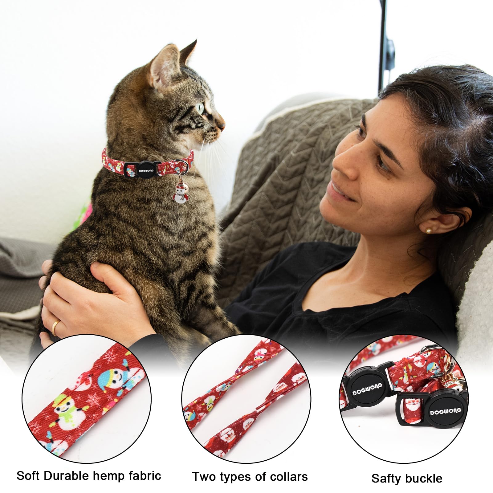 2 Pack Christmas Cat Collars Breakaway with Bell, DOGWONG Safety Buckle Santa Claus Christmas Tree Cute Cat Collar for Girl Boy Cats，Adjustable 7-12 Inch