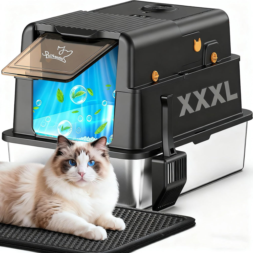 PalNests L8 Ultra-XXXL Stainless Steel Litter Box, Enclosed Black