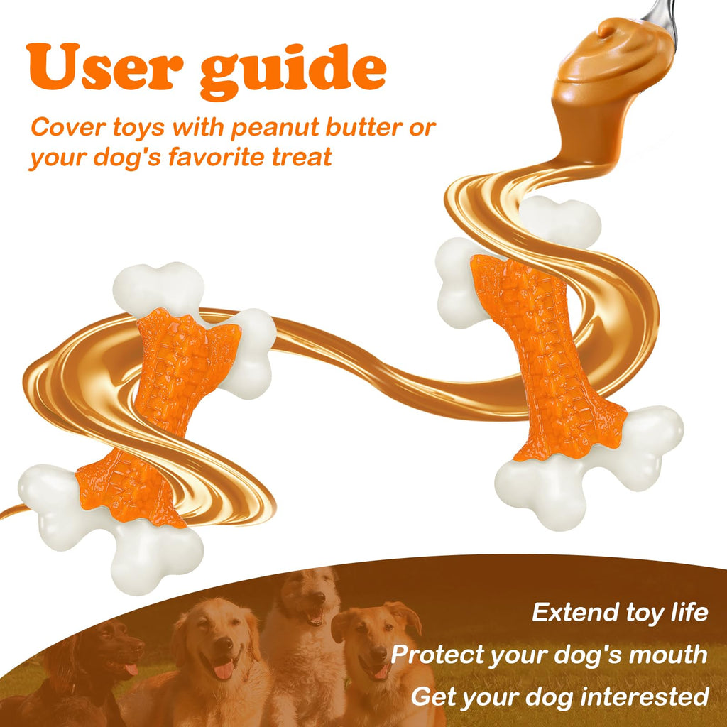 Kseroo 2-Pack Indestructible Dog Toys for Aggressive Chewers: Peanut Butter Flavored Hard Nylon Bone Chew Toys, Tough Dog Chew Toys, Dog Toys to Keep Them Busy for Medium Large Dogs, Orange