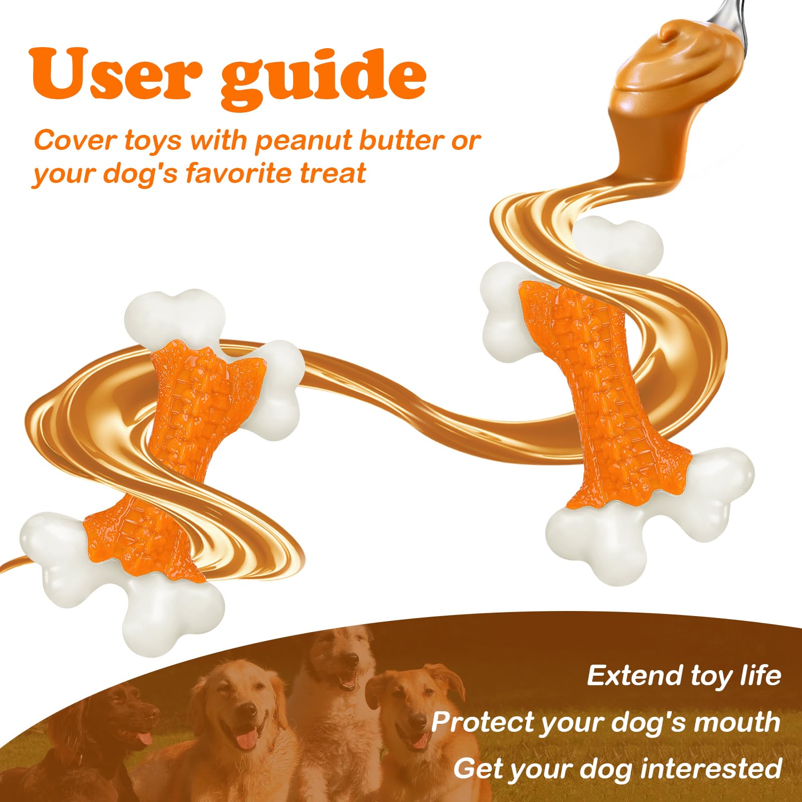 Kseroo 2-Pack Indestructible Dog Toys for Aggressive Chewers: Peanut Butter Flavored Hard Nylon Bone Chew Toys, Tough Dog Chew Toys, Dog Toys to Keep Them Busy for Medium Large Dogs, Orange