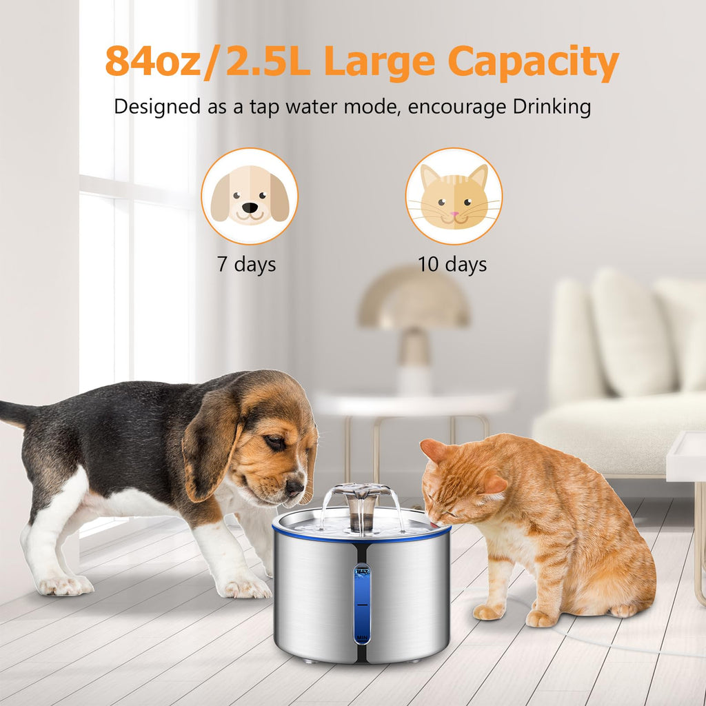 BOORCA Cat Water Fountain, 84oz/2.5L Stainless Steel Pet Water Fountain for Cats, Dogs and Multiple Pets, Automatic Dog Water Dispenser with Water Level Window, Ultra-Quiet Pump