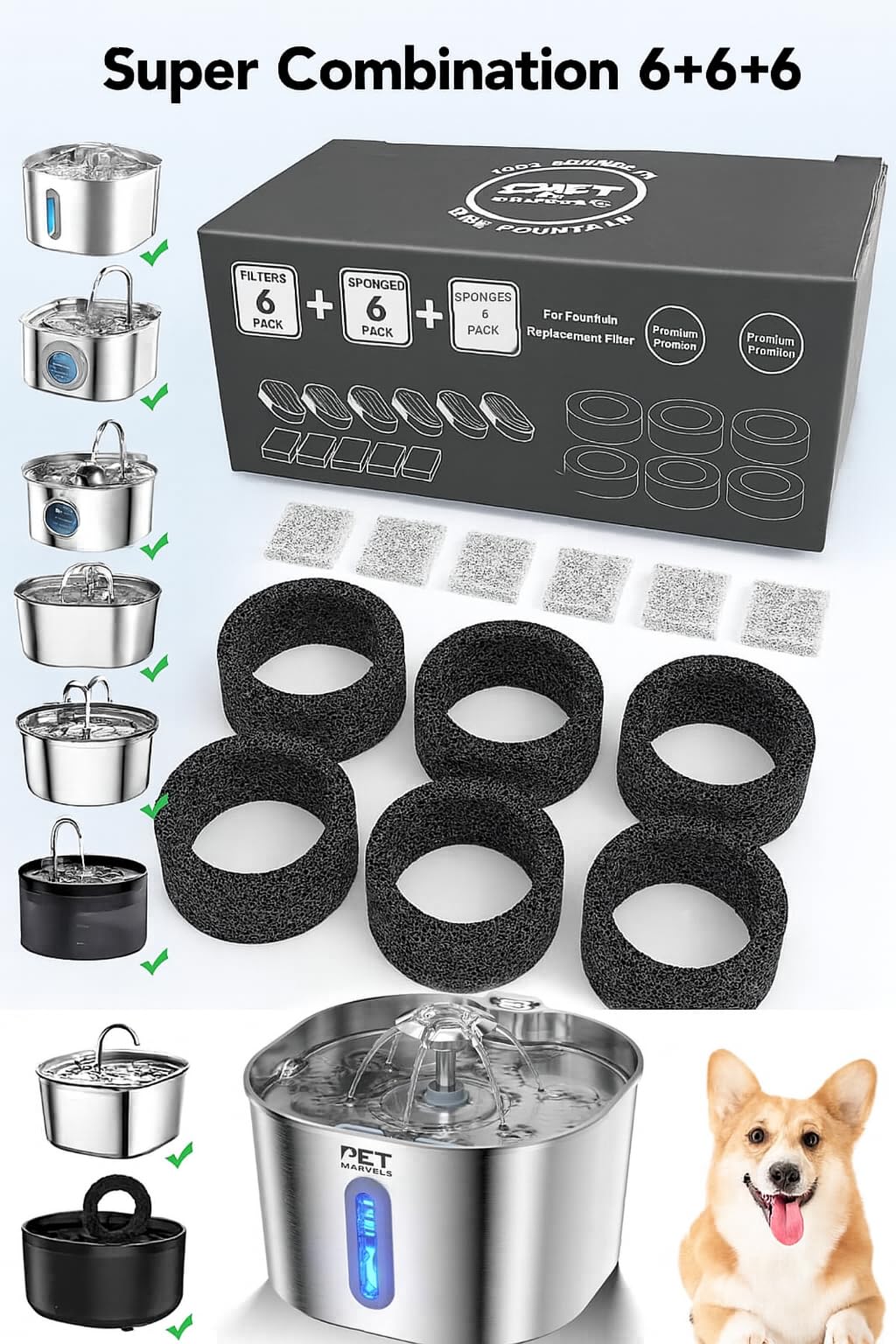 Pet Marvels Fountain Filter Replacement Set – 18 Pack (6 Carbon Filters + 6 Pump Sponges + 6 Pre-Filters) – Compatible with Stainless Steel Cat & Dog Water Fountains – BPA-Free, Triple Filtration