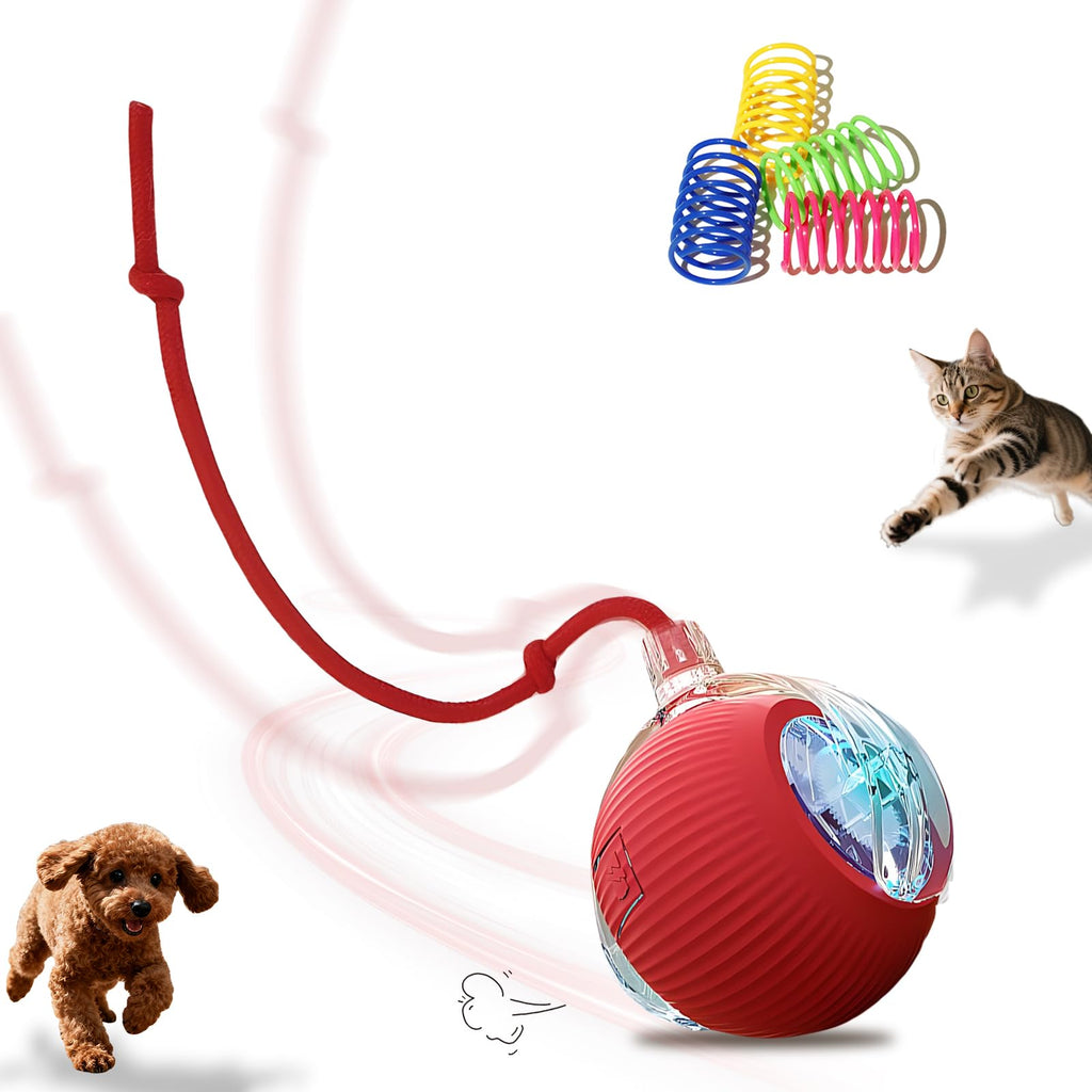 USB Rechargeable Smart Cat Toy Ball, 360° Rotation Automatic Moving Chase Toy, Obstacle Avoidance Interactive Play with 4 Spiral Springs, Enrichment Toys for Indoor Cats, Puppies & Small Dogs (Red)