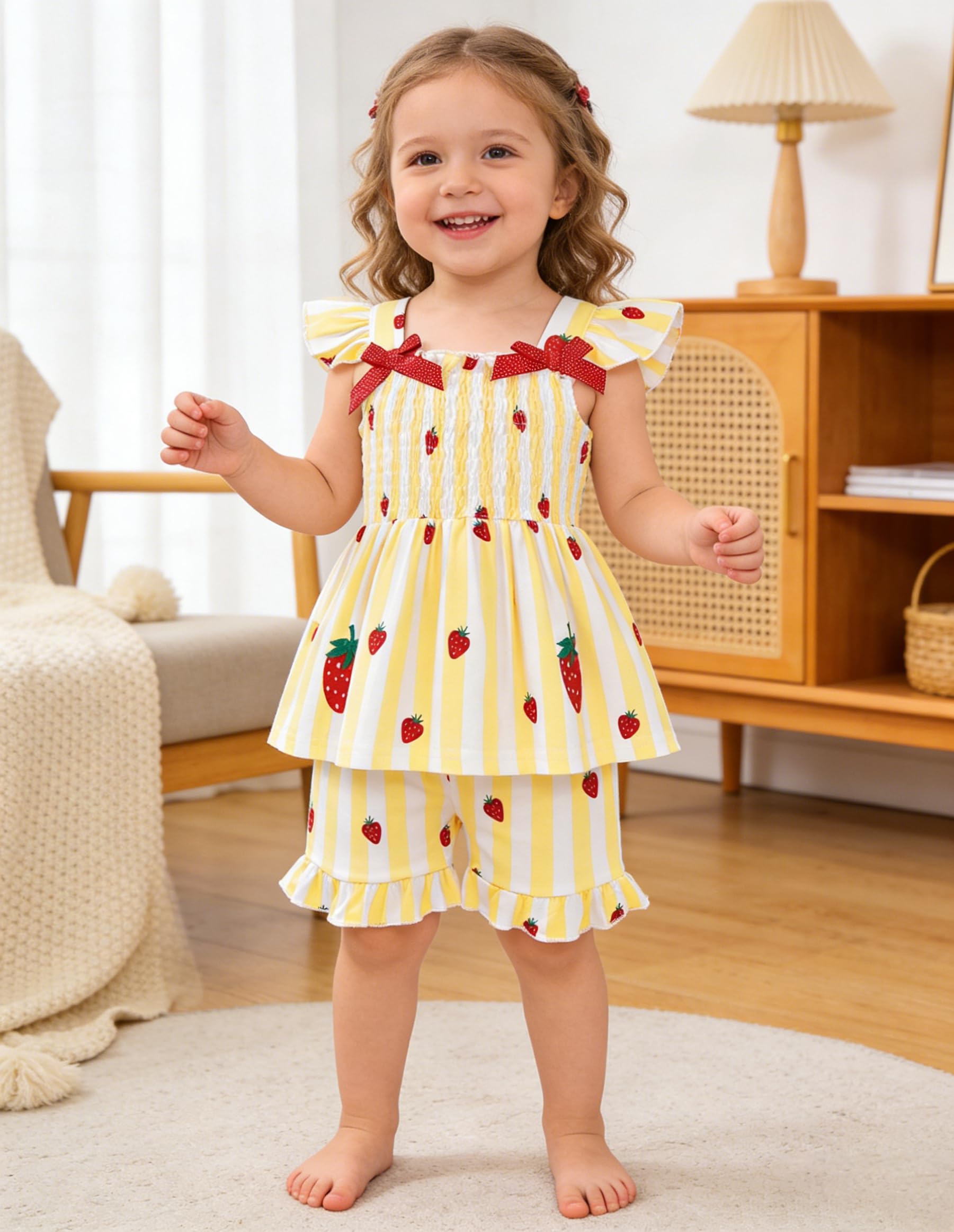Popshion Baby Girls Summer Clothes Strawberry Outfits for Girls Ruffle Sleeveless Smocked Shirts Strawberry Top and Short 2pcs Yellow Outfits Set Size 4t/2229