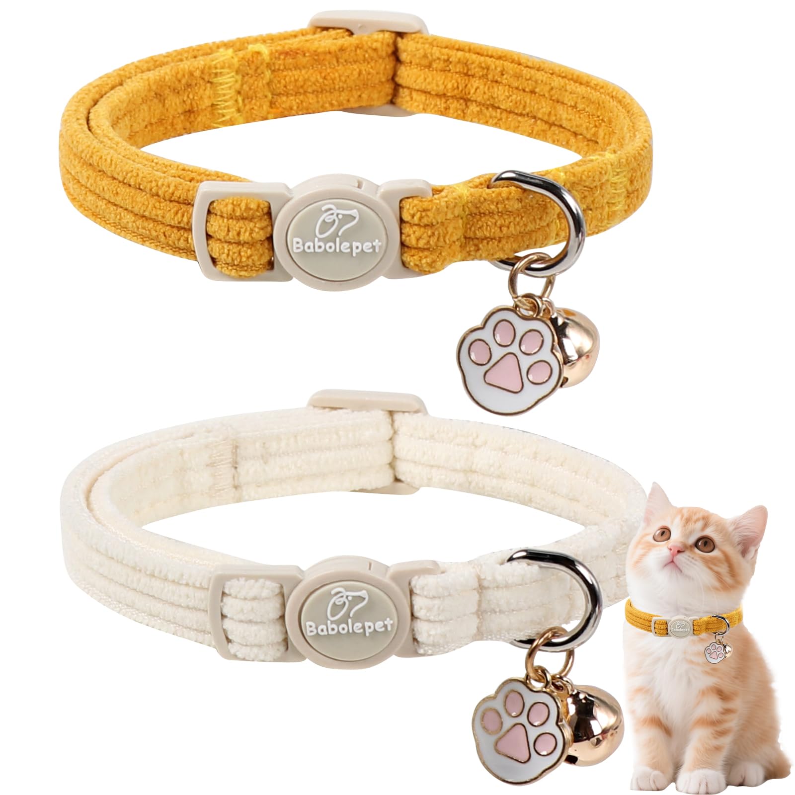 Babole Pet 2 Pack Corduroy Cat Collars - Cute Breakaway Cat Collar with Bell and Paw Pendant, Soft Adjustable Fall Winter Kitten Collars for Girl Boy Cats, Yellow&White