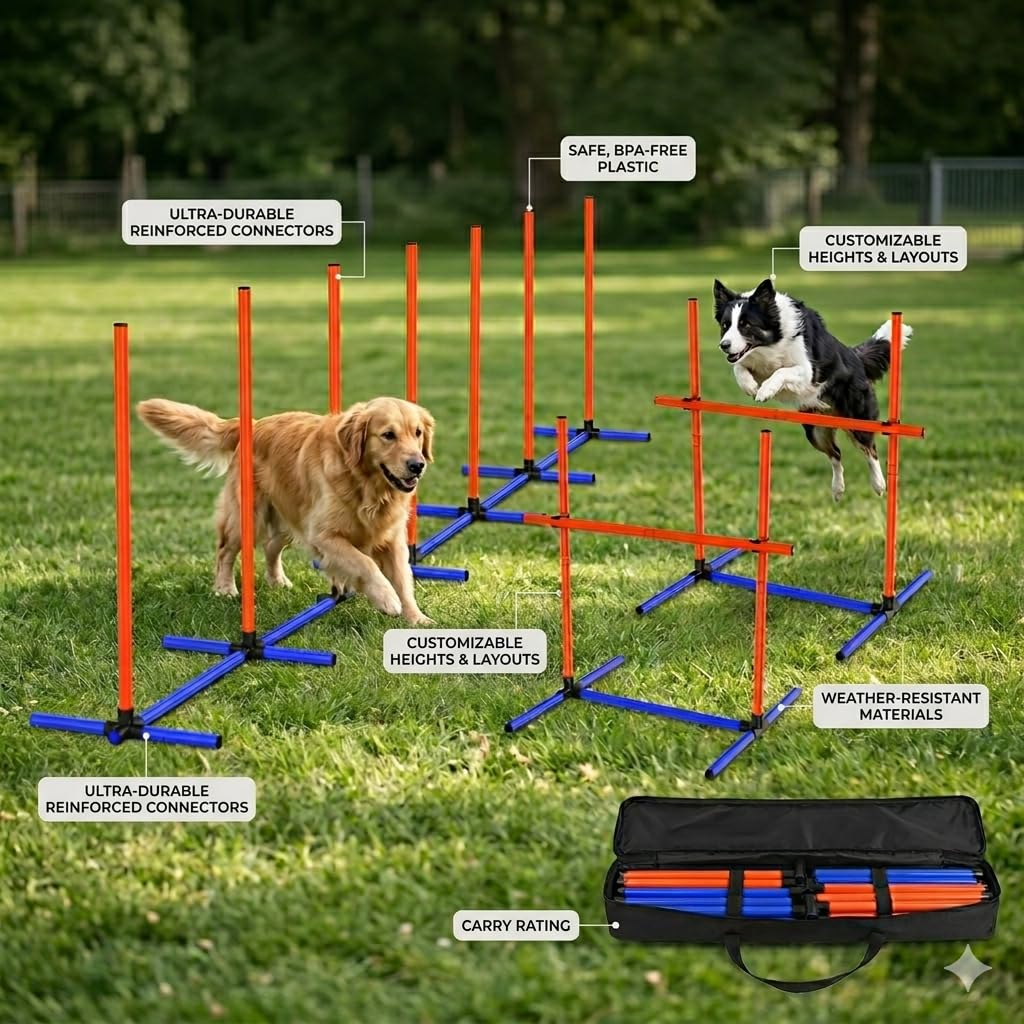 mioule Dog Agility Course Backyard Set, 4-Set Hurdles with Weave Poles