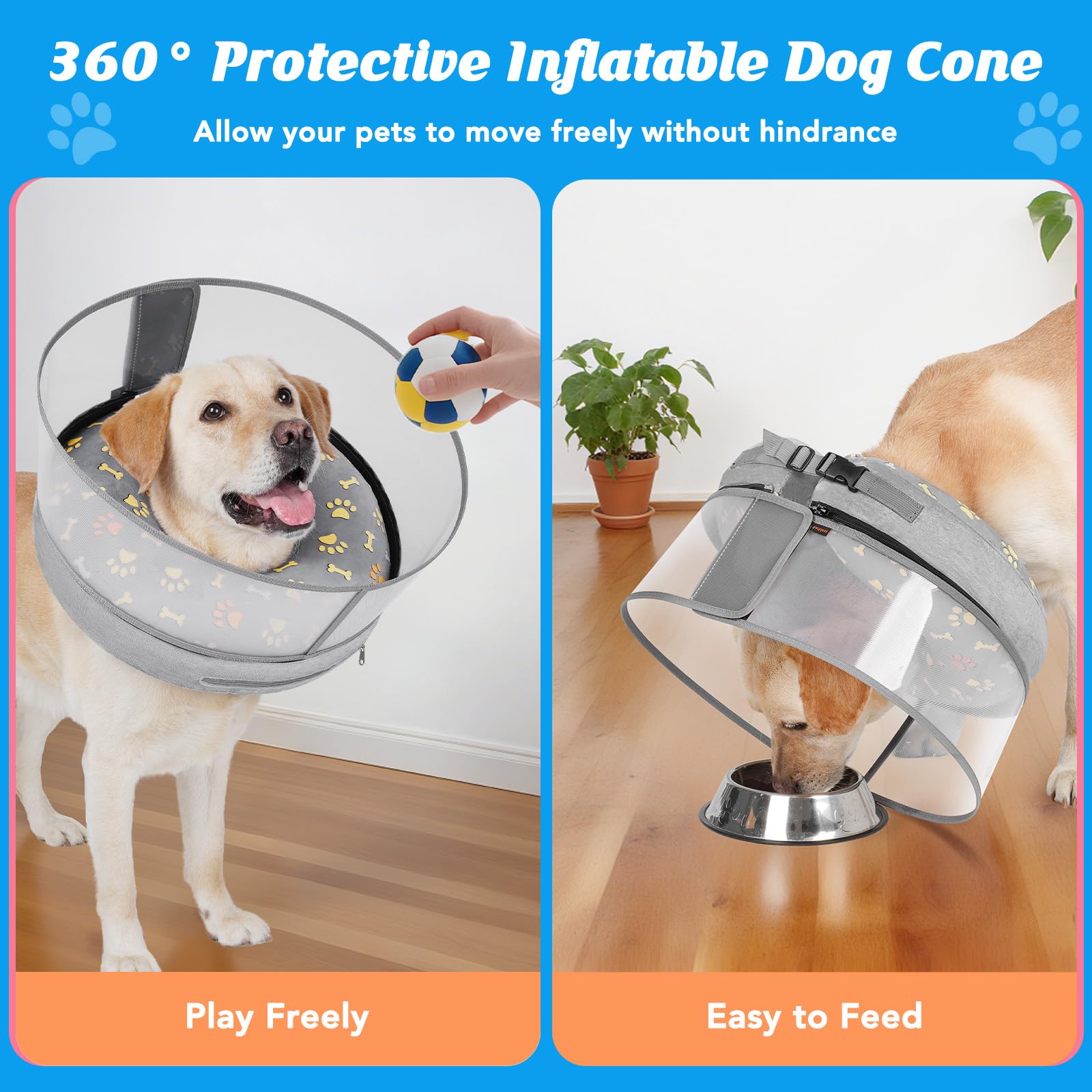 Didopet Inflatable Dog Cone with Anti-Licking Clear Shield,Fits Medium Dogs