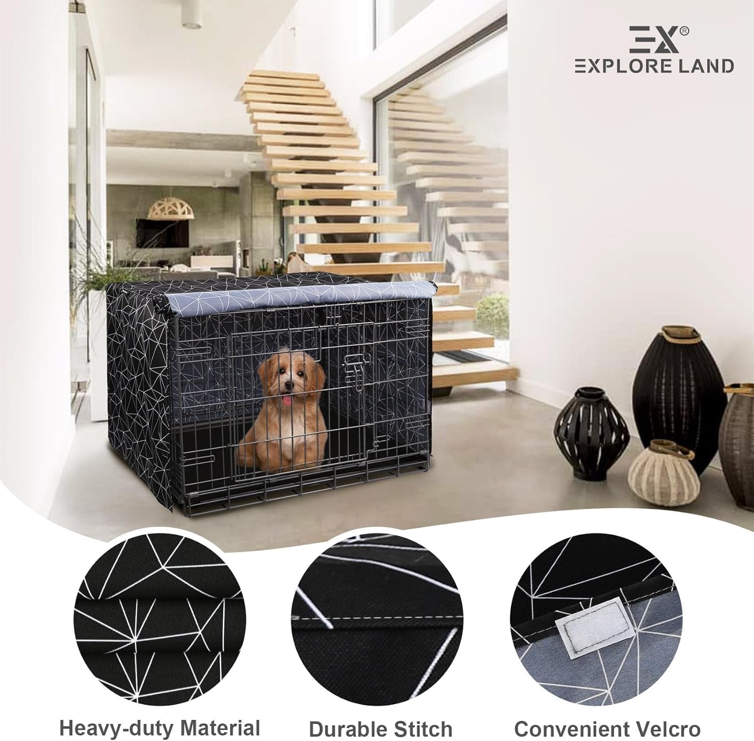 Explore Land Pattern Dog Crate Cover for 18 Inches Wire Cage, Heavy-Duty Polyester 1 2 3 Doors Standard Metal Pet Kennel Enclosure (Brief Polygonal)