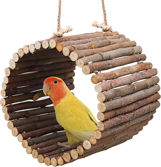 Parrot Swing Toys, Hanging Perch Stand, Natural Willow Wood Hammock, Bird Cage Accessories for Parakeets, Cockatiels, Lovebirds, Hamster, Rat (6.3" in Diameter)