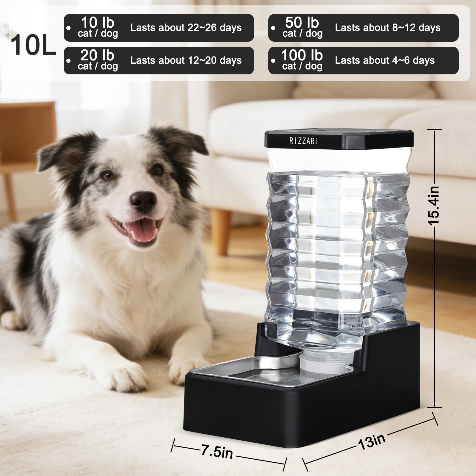 RIZZARI 10L Gravity Dog Water Bowl Dispenser: Wide Mouth Filter-Free Design