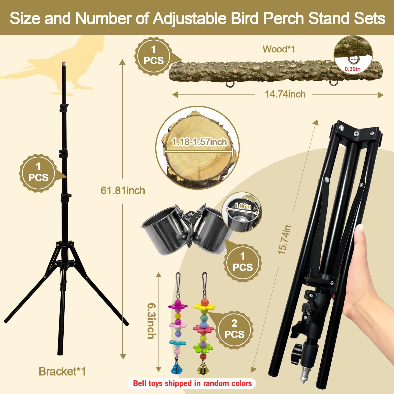 Arfubye 16-63 Inch Height Adjustable Bird Perch Pepper Wood Parrot Training Perch Stand with Feeding Cups and Swing Toy Parakeet Perches Indoor and Outdoor Parrot Stands for Small to Medium Bird
