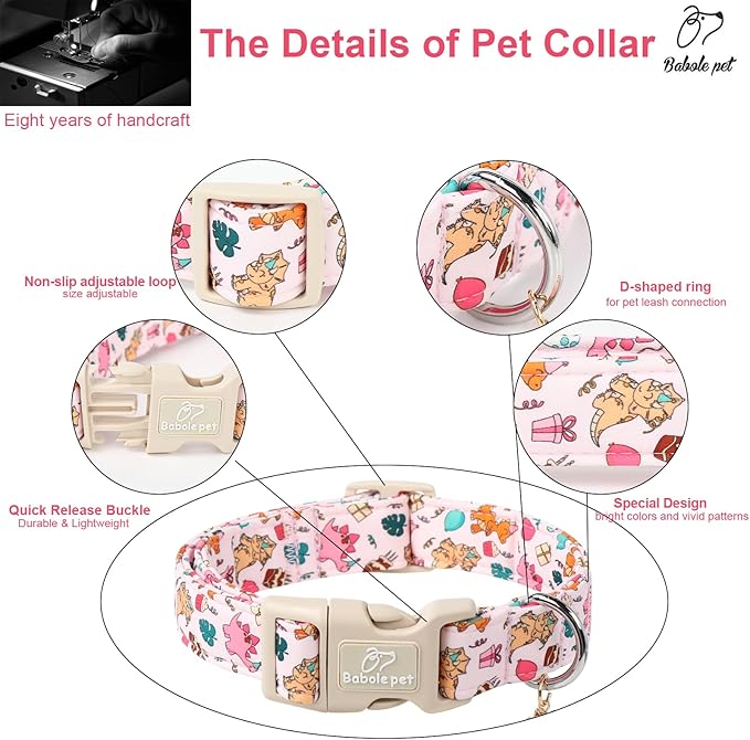 Babole Pet Cute Dinosaur Dog Collar, Adjustable Pink Dino Dog Collars for Large Dogs, Lightweight Quick-Release Buckle Birthday Collar for Boy&Girl Dogs L