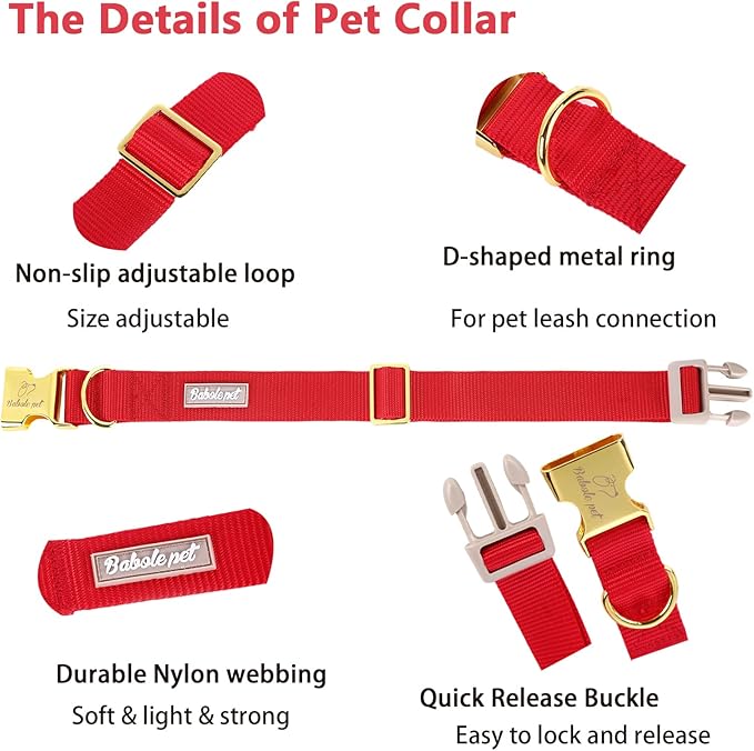 Babole Pet Nylon Dog Collar - Adjustable Burgundy Red Soft Webbing Dog Collars for Small Medium Large Dogs Boy Girl Puppy Collar with Safety Metal Buckle L