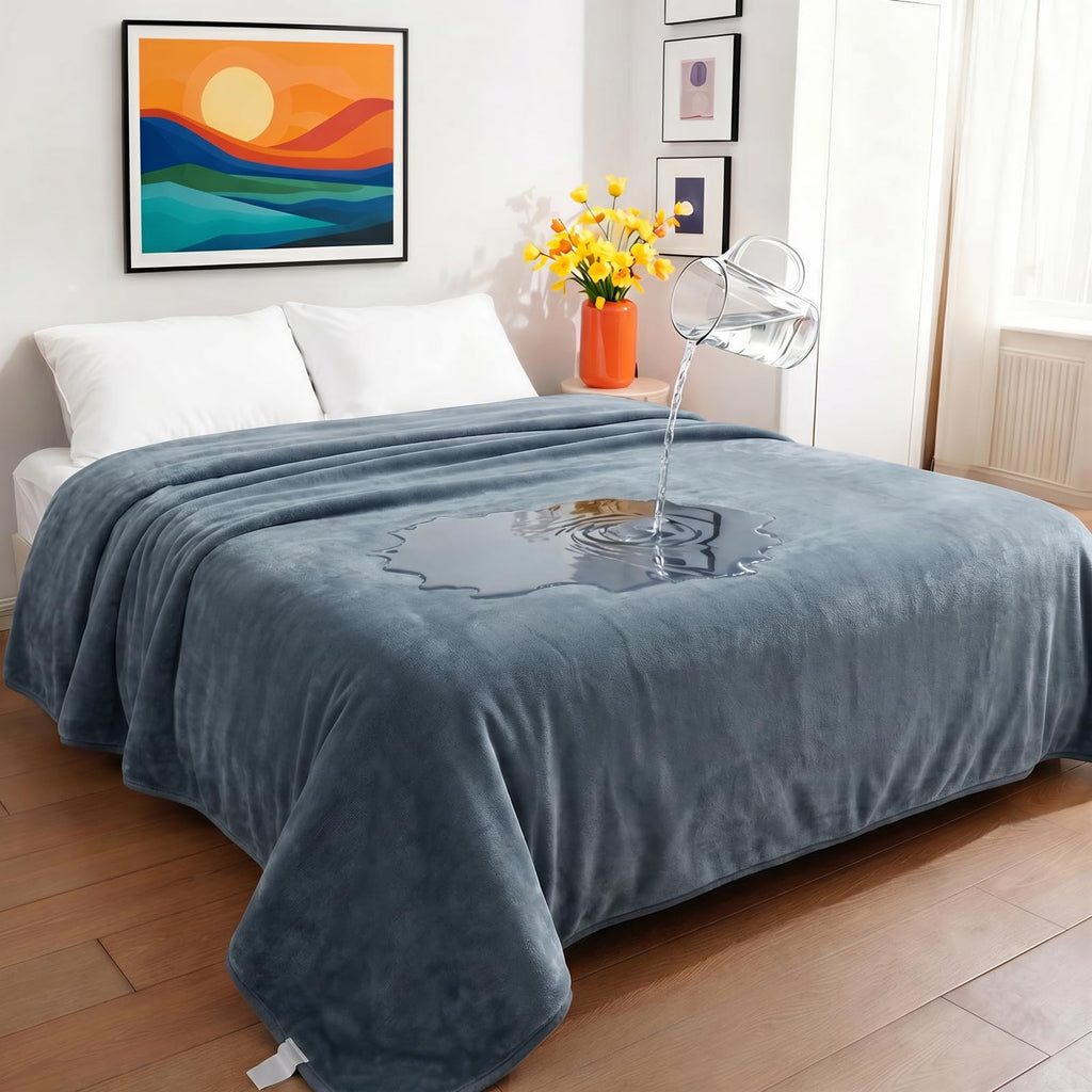 Sunheir Waterproof Blanket for Bed, Reversible Soft Flannel Twin Bed Blanket 60" x 80", Leakproof Throw Spill-Proof Dog Pet Blanket for Couch Cover, Furniture, Camping, Travel, Grey
