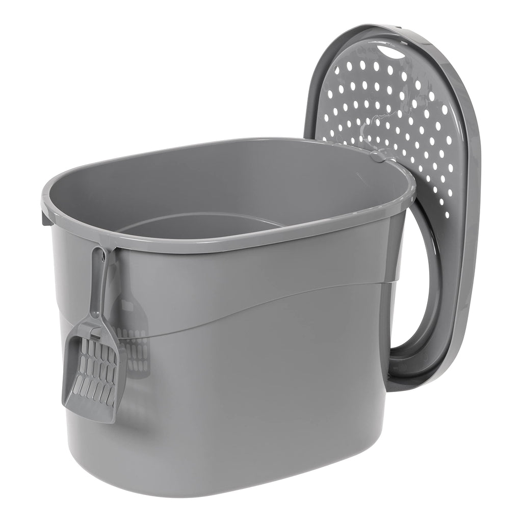 Amazon Basics Large Cat Litter Box with High Sides, Top Entry, Odor Control, Includes Scoop, 20.5 x 14.75 x 14.38 inches, Grey