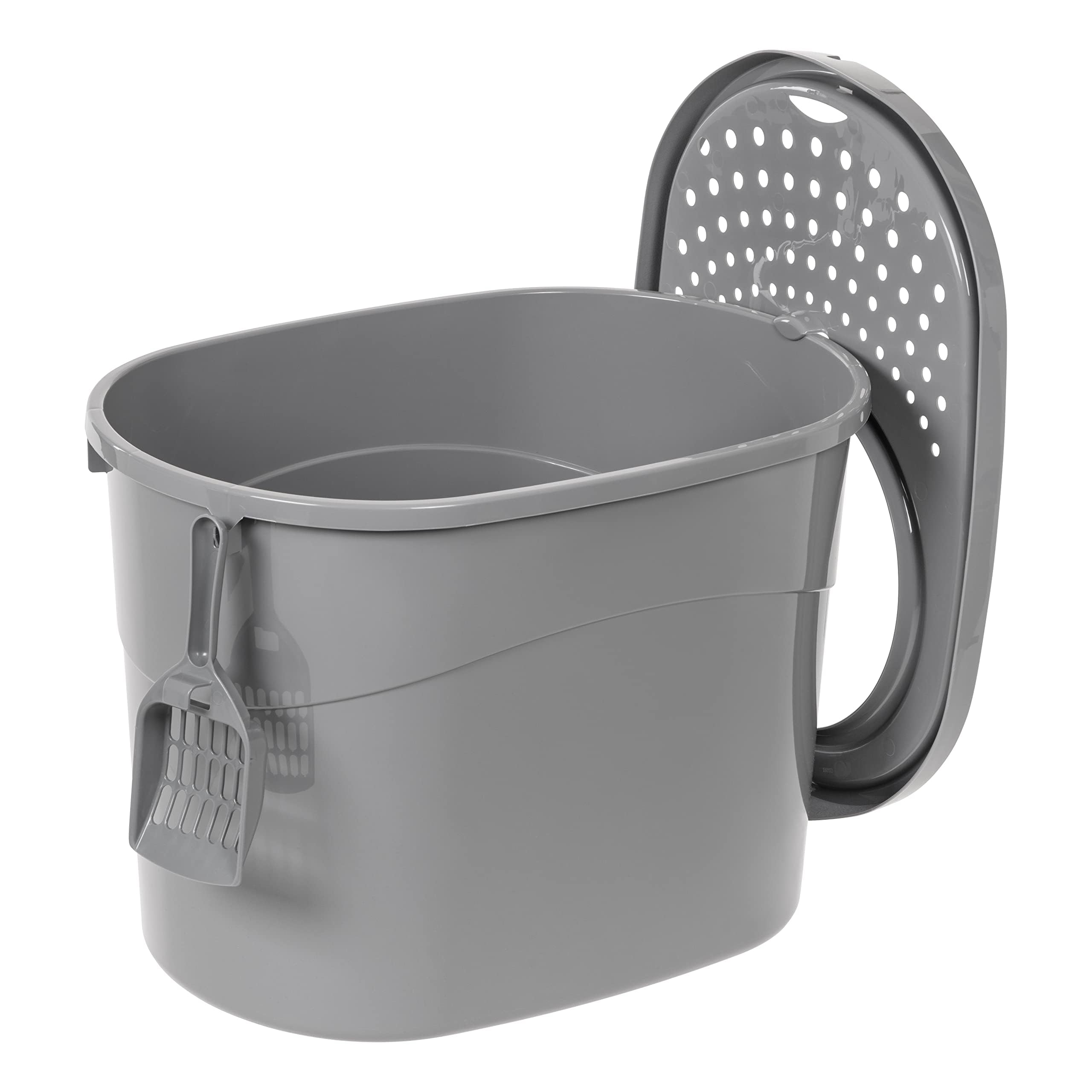 Amazon Basics Large Cat Litter Box with High Sides, Top Entry, Odor Control, Includes Scoop, 20.5 x 14.75 x 14.38 inches, Grey