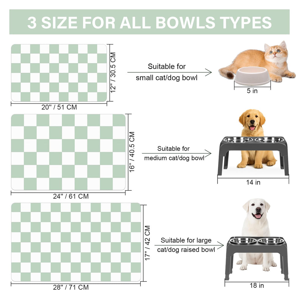 Checkered Dog Cat Feeding Mat, 17'' x 28'' Large Dog Food Mats, Absorbent Pet Feeding Mat for Food and Water Bowl, Dispenser, Checkerboard Pet Placemat with Rubber Backing, Green & White
