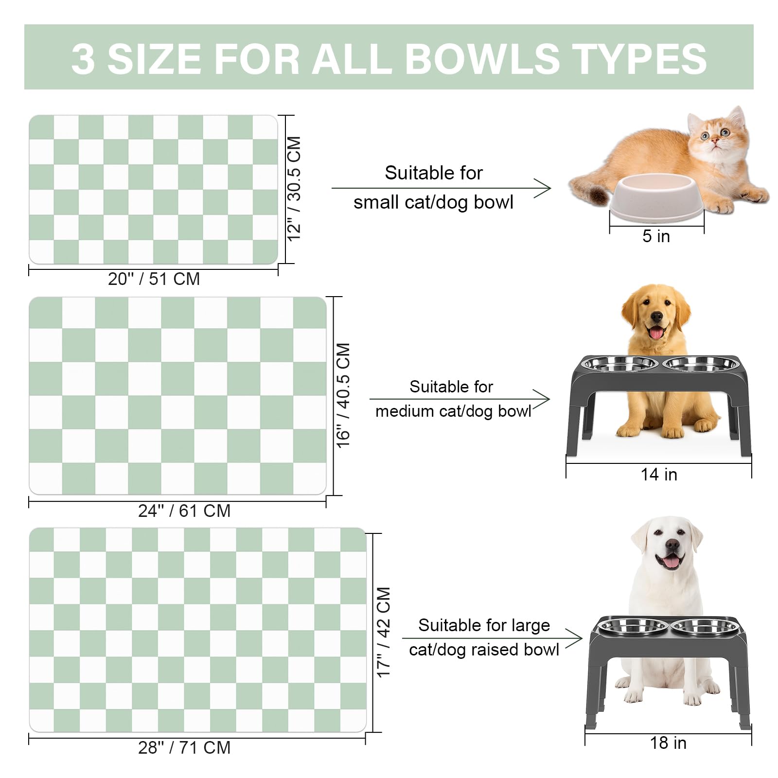 Checkered Dog Cat Feeding Mat, 17'' x 28'' Large Dog Food Mats, Absorbent Pet Feeding Mat for Food and Water Bowl, Dispenser, Checkerboard Pet Placemat with Rubber Backing, Green & White