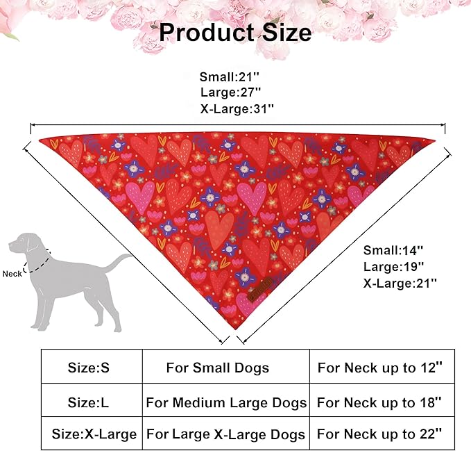 ADOGGYGO Valentines Dog Bandana 2 Pack, Heart and Floral Print Pet Scarf Bib, Adjustable Fit Red Pink Valentines Bandanas for Medium Large Dogs (Large)