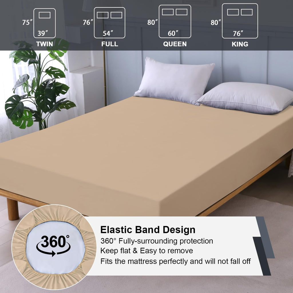 Waterproof Mattress Protector Queen, Fitted Sheet Style Breathable Mattress Cover with Deep Pocket Fits Up to 18'', Noiseless Bed Cover for Kids Adults Pets, Machine Washable (Light Tan, 60'' X 80'')