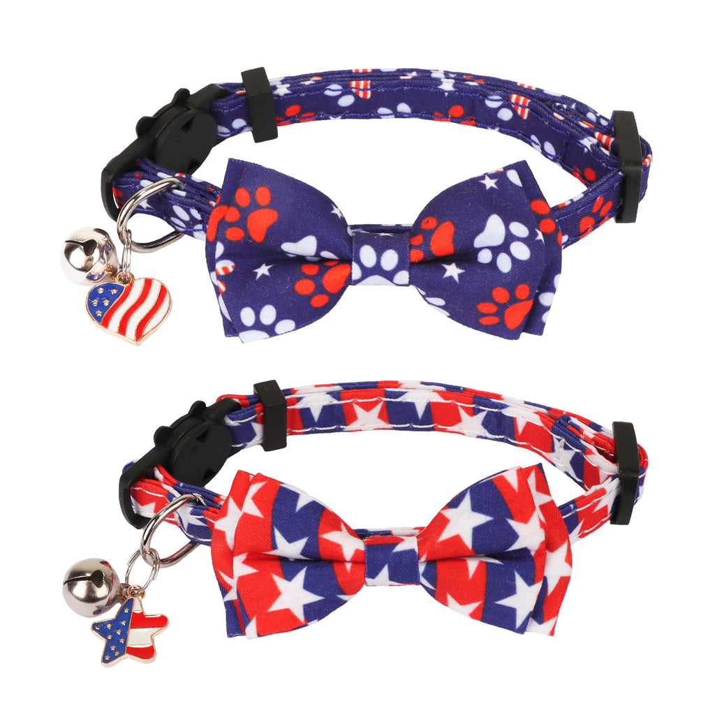 ADOGGYGO American Flag Cat Collar Breakaway with Bow Tie Bell - 2 Pack 4th of July Kitten Collar with Removable Bowtie Red Blue American Flag Collars for Cat Kitten