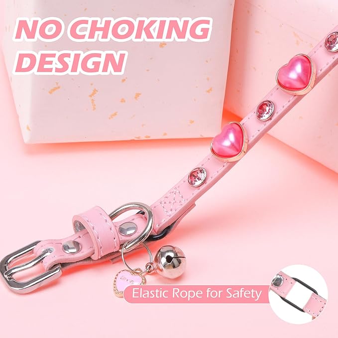 EXPAWLORER Leather Cat Collar for Girl Boy Cats,Pink(Heart Diamond Rivet)