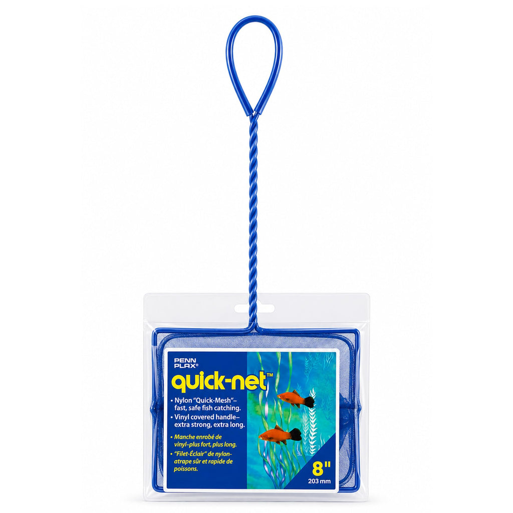 Penn-Plax Quick-Net Aquarium Fish Net - 8 x 6 in Fine Mesh, 10 in Vinyl-Covered Braided Handle - Small Aquarium Cleaning Tool for Gentle Fish Handling - Use in Freshwater & Saltwater Tanks - Blue