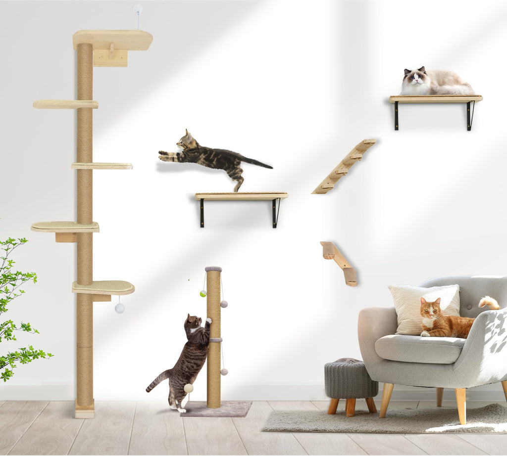 Wild Simulation Cat Tree for Kittens, 5-Level Floor to Ceiling Cat Wall Shelves with Sisal Mat Platforms, Rotating Wall-Mounted Climbing Tower for Scratch, Lookout & Perch
