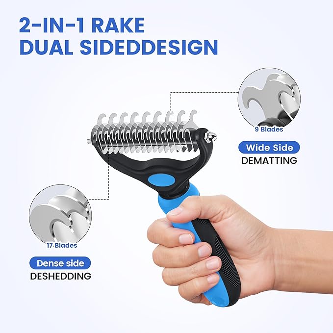 Double-Sided Pet Grooming Rake - 4-in-1 Professional Pet Grooming Kit Deshedding Dematting Tool for Dogs Cats Extra-Wide Grooming Brush & Deshedder Comb for Long & Short Haired Pets (Blue Kit 4PCS)