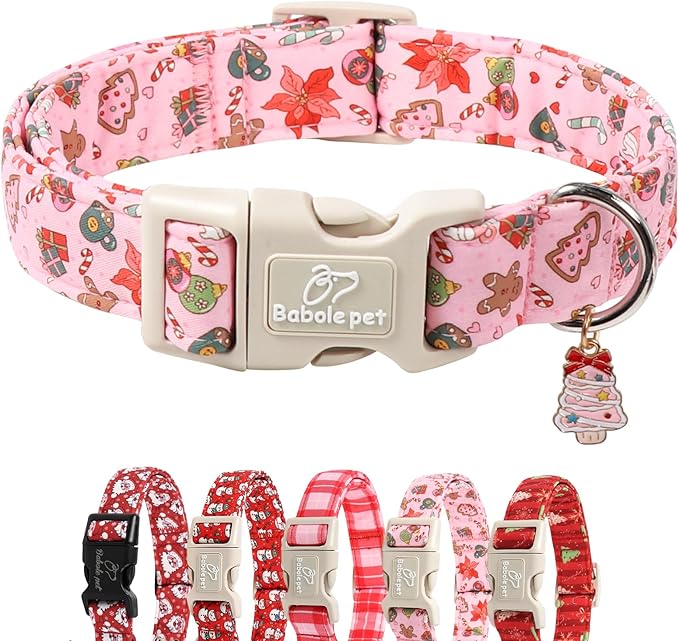 Babole Pet Christmas Dog Collar - Cute Pink Cozy Christmas Puppy Collar with Safety Buckle, Soft Adjustable Holiday Dog Collars for Small Medium Large Dogs M