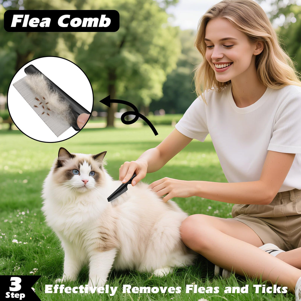 Professional 3PCS Self Cleaning Slicker Brush & Pet Grooming Rake & Flea Comb for Dogs,Cats and Horses | Double-Sided Dematting Comb & Skin Friendly Deshedding Grooming Tool (Light Pink)