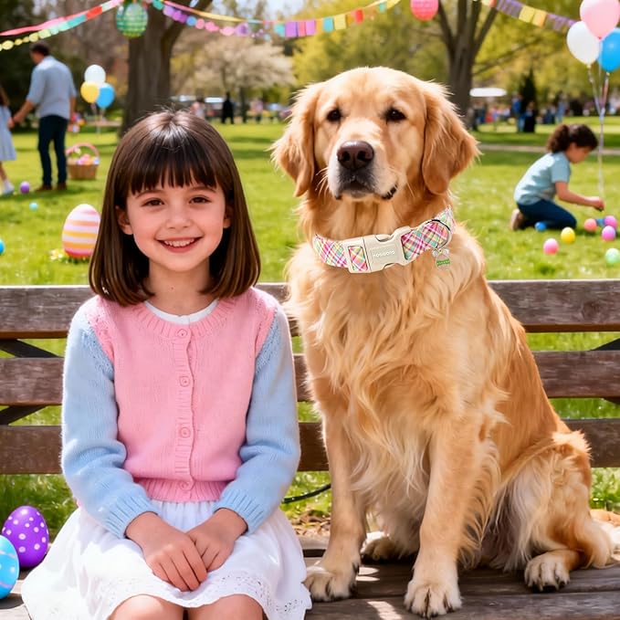 DOGWONG Easter Dog Collar, Cute Easter Colorful Plaid Pet Collar Durable Holiday Girl Boy Adjustable Cotton Dog Collars for Large Dogs,XL Visit The Elegant Little Tail Store