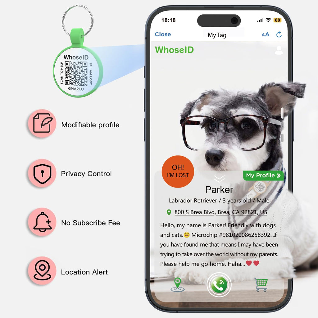 ESA Dog Tag, QR Code Dog Tag, Modifiable Free Pet Online Profile, Scannable QR Code, Scan QR Send Instant Location Alert Email, Silicone Lightweight ID Tag for Dog and Cat (Green, Regular)