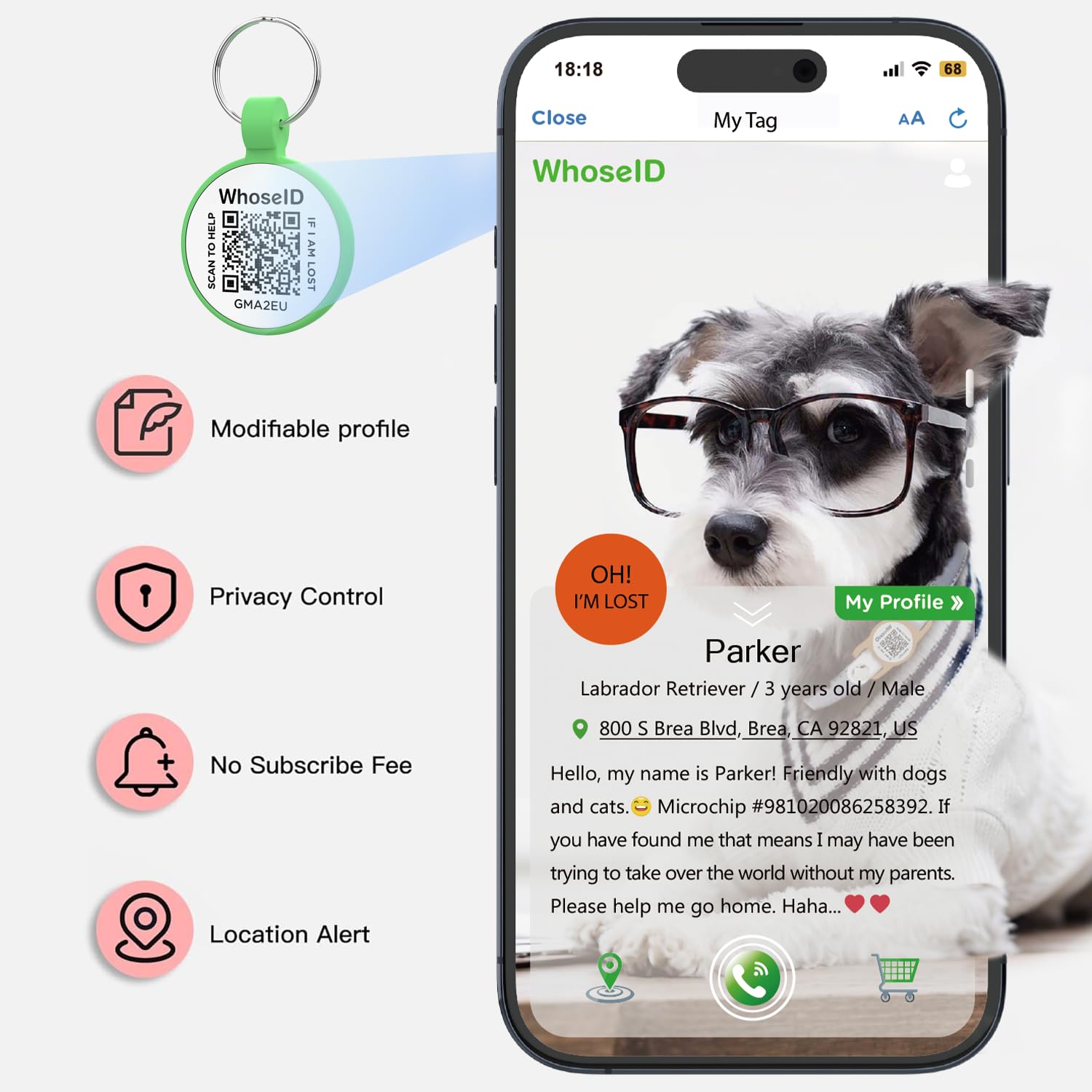 ESA Dog Tag, QR Code Dog Tag, Modifiable Free Pet Online Profile, Scannable QR Code, Scan QR Send Instant Location Alert Email, Silicone Lightweight ID Tag for Dog and Cat (Green, Regular)