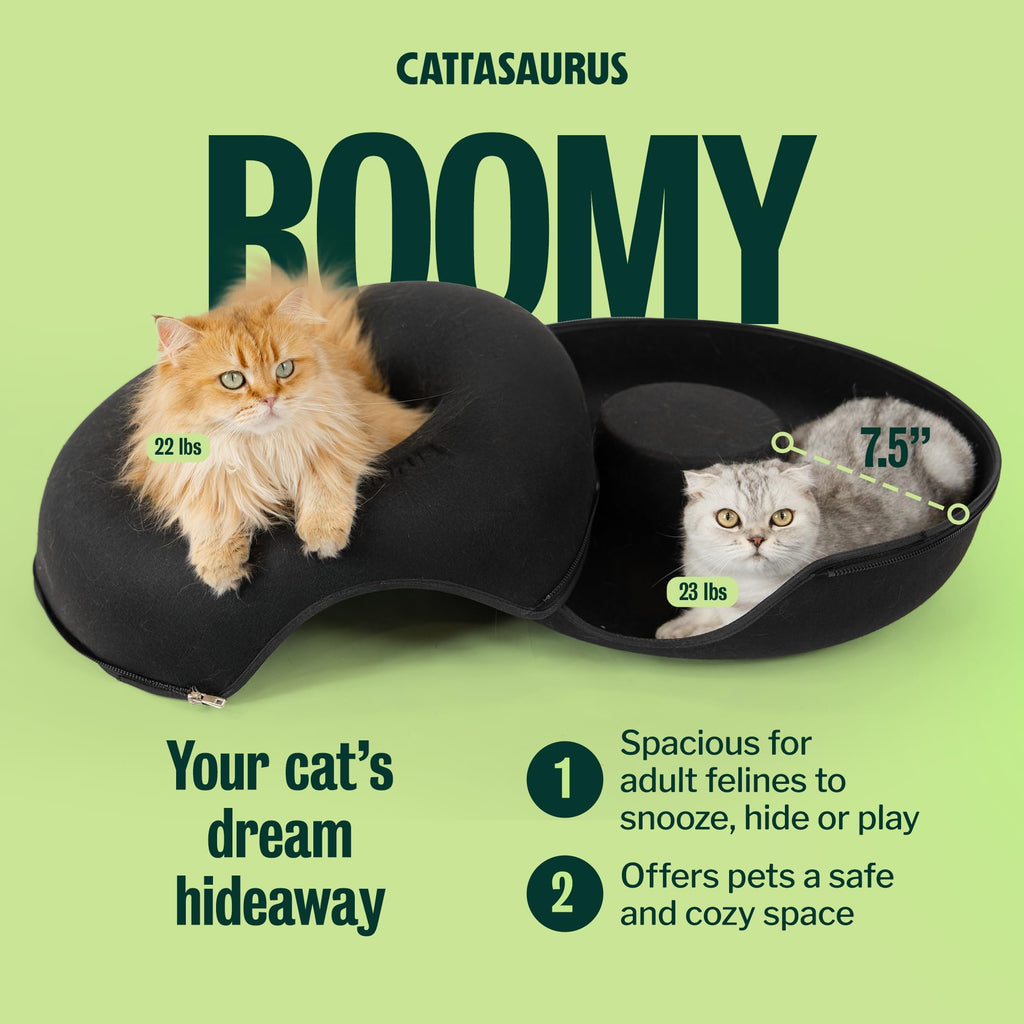 Cattasaurus Peekaboo Cat Cave Donut for Multiple & Large Cats up to 30-45 lbs, 3-in-1 Self Warming Cat Bed, Tunnel & Scratcher for Indoor Cats, Washable & Detachable Small Dog Bed (Black, Large)