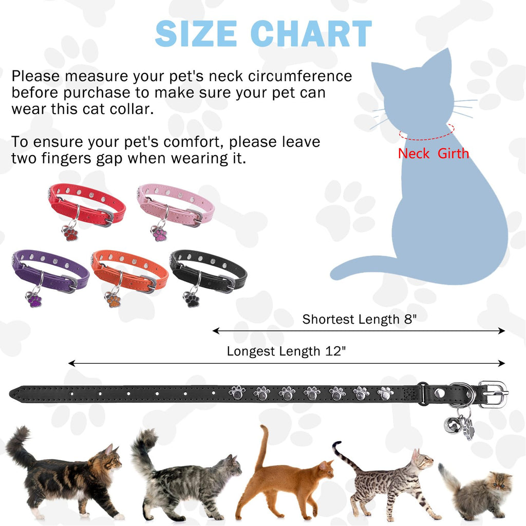 SCENEREAL Leather Cat Collar with Bell and Rivet, Personalized Stud Pet Collars with Safety Elastic Belt and Cute Paw Charm, Adjustable Soft Kitten Puppy Accessories for Boys Girls Cats, Black