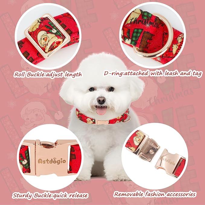 Astdogio Christmas Dog Collar，Soft Cotton Dog Collars for Medium Dogs, Dog Christmas Collar with Santa for Small Medium Large Dogs, Adjustable Red Collars Perfect for Girl or Boy Dog Collars-M