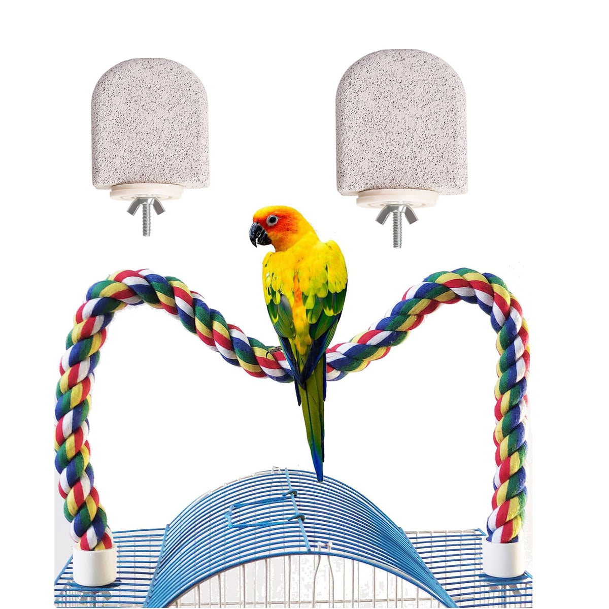 24 Inch Bird Perch Rope with 360° Free Rotating Stand, 0.8 Inch Diameter Natural Cotton Rope Perch for Parakeets, Cockatiels, Parrots, Conures - Safe, Durable Bird Cage Accessory for Chewing & Resting