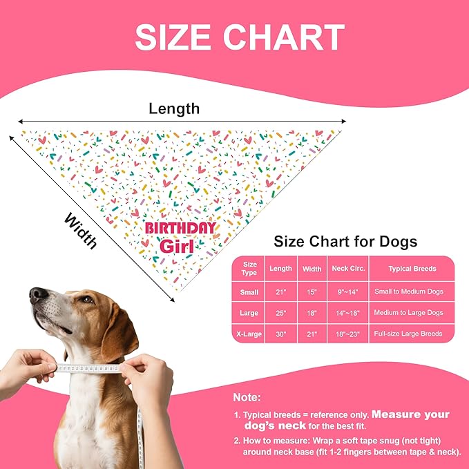 Dog Birthday Bandana Girl for Medium Large Dogs, Reversible 2 Patterns in 1, White & Pink Confetti Scarf, Puppy Party Outfit Gift (14-18" Neck)