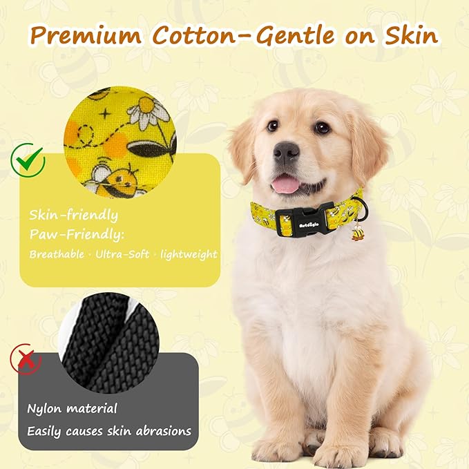 Yellow Dog Collar for Large Dogs, Spring & Summer Theme Large Dog Collars Featuring Bee Pollinating White Flowers Pattern, Adjustable Cotton Collar for Girl Boy Dogs -L